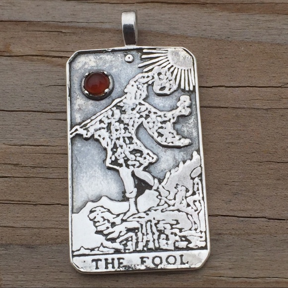 Fool Tarot Card Pendant .925 Sterling Silver w/ Genuine Carnelian gem USA - Picture 5 of 7